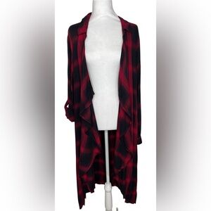 Plaid Red Black Open Front Cardigan Waterfall Drape Cozy Lightweight Size 1X